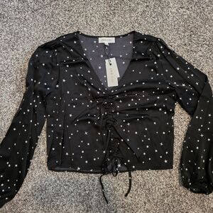 Pink Rose Black Star Print Blouse